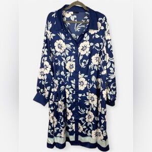 Talbots Navy and Cream Floral Button Front Long Sleeve Midi Dress Sz 20